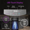 The Bottom Load Water Dispenser - Model 740 features a touch display with a clock, bottle indicator, self-cleaning UV function, child safety lock, tri-temperature dispensing options, and a built-in night light. In the image, a glass of water is being filled.