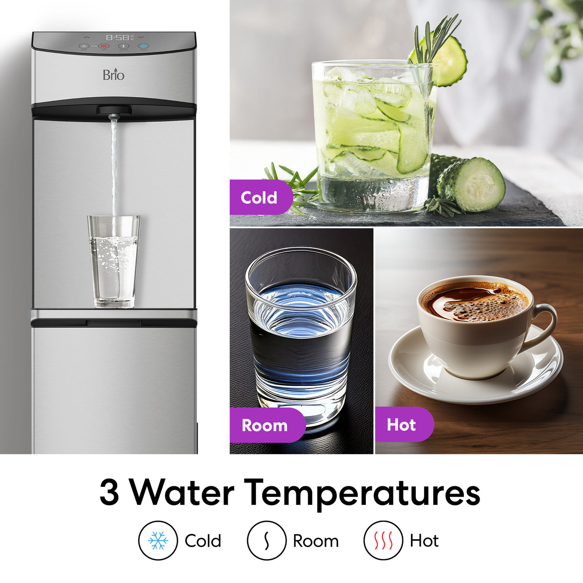 The Bottom Load Water Dispenser - Model 740 fills a glass, with three beverage options beside it—iced water labeled Cold, plain water labeled Room, and coffee labeled Hot—showcasing its tri-temperature dispensing for customizable refreshment. This dispenser also features self-cleaning UV technology to keep every drink pure and fresh.