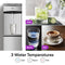 The Bottom Load Water Dispenser - Model 740 fills a glass, with three beverage options beside it—iced water labeled Cold, plain water labeled Room, and coffee labeled Hot—showcasing its tri-temperature dispensing for customizable refreshment. This dispenser also features self-cleaning UV technology to keep every drink pure and fresh.