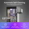 The Bottom Load Water Dispenser - Model 740 features a partially transparent front panel that reveals its inner components. Prominently displayed text highlights its tri-temperature dispensing, automatic self-cleaning UV Care system, and chemical-free operation. Icons indicate effortless maintenance and biofilm elimination for easy use and enhanced hygiene.