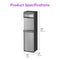 Product Specifications The Bottom Load Water Dispenser – Model 740 is displayed, featuring dimensions of height 43.1 in (109.2 cm), width 11.8 in (30 cm), and depth 14.4 in (36.5 cm). This stainless steel dispenser offers tri-temperature dispensing and a convenient self-cleaning UV function, blending stylish design with advanced functionality. “Product Specifications” appears at the top in purple text.