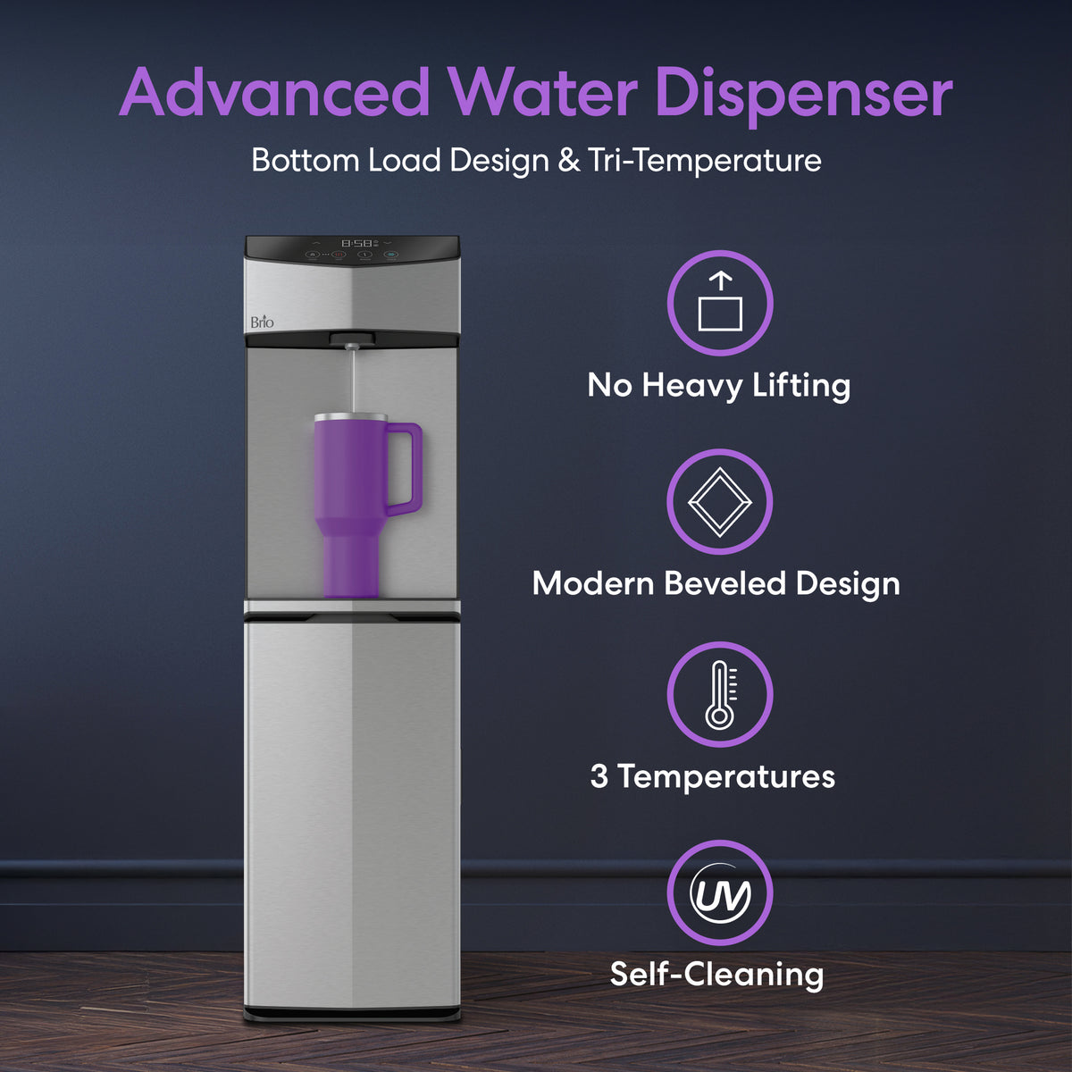 Experience the Bottom Load Tri-Temp Water Dispenser – Model 745: a sleek silver stainless steel water cooler with a modern beveled design. Enjoy no heavy lifting thanks to its convenient bottom-loading feature, choose from tri-temperature water dispenser settings, and benefit from advanced self-cleaning technology. Each benefit is highlighted by purple icons for easy reference.