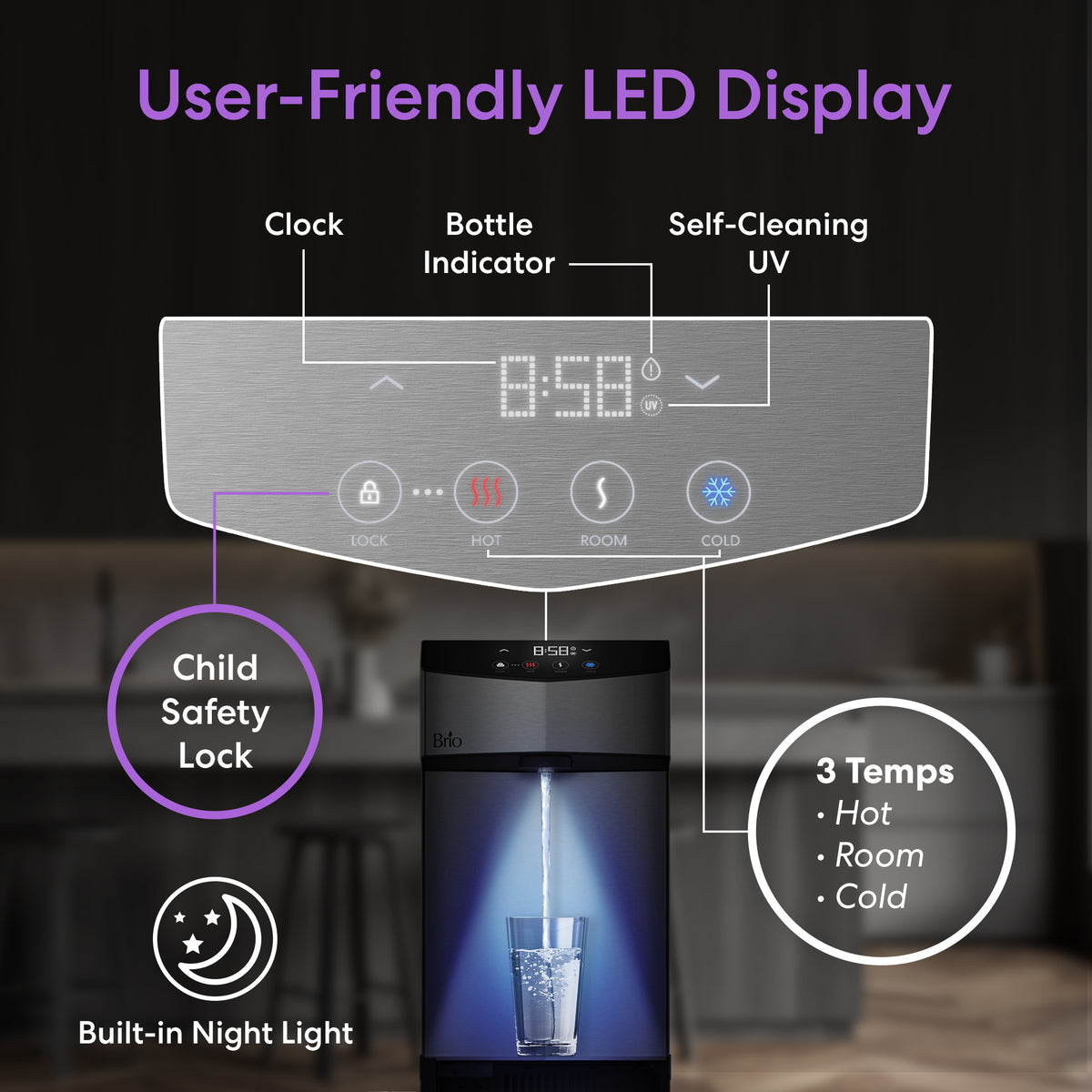 The Bottom Load Tri-Temp Water Dispenser - Model 745 features a sleek stainless steel design and a user-friendly control panel displaying the clock, bottle indicator, self-cleaning UV function, child safety lock, and three temperature settings: hot, room, and cold. An illuminated night light icon is shown while a glass fills beneath the spout. Enjoy convenient tri-temperature options to suit every preference with this bottom load water dispenser.