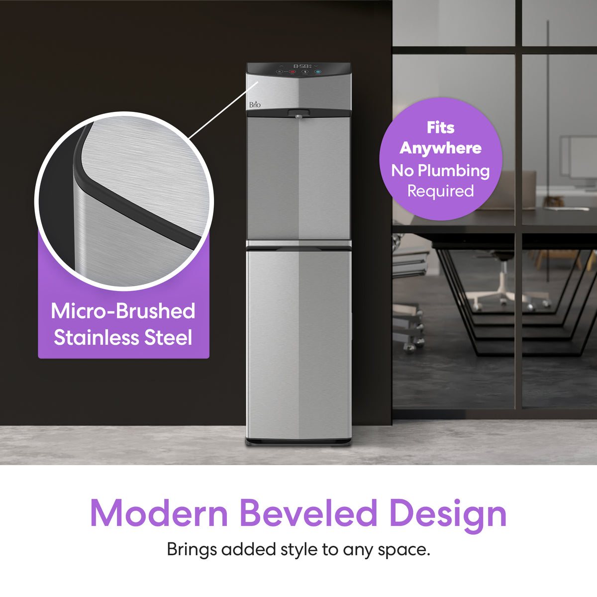 A Bottom Load Tri-Temp Water Dispenser - Model 745 is featured in an office setting. Insets showcase its micro-brushed stainless steel finish and sleek beveled design. Text emphasizes that it fits effortlessly into any space and requires no plumbing, making this bottom load water dispenser a practical and convenient enhancement for any workspace.