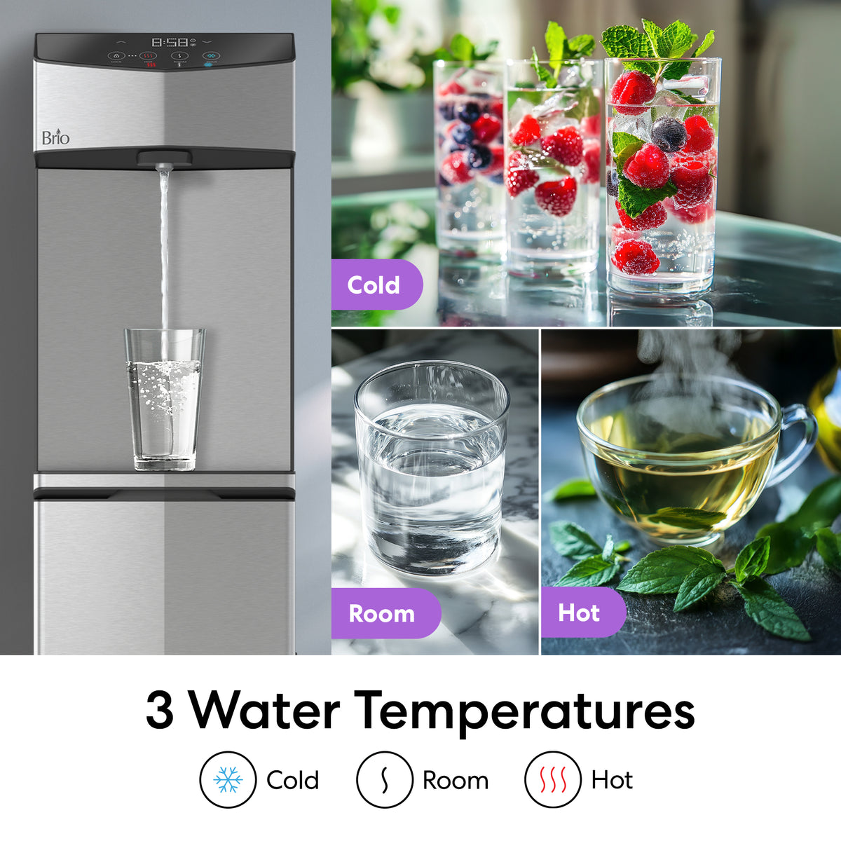 The Bottom Load Tri-Temp Water Dispenser - Model 745 fills a glass as three drinks highlight its cold, room temperature, and hot water options. The labels read Cold, Room, and Hot. Text at the bottom: 3 Water Temperatures.