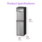 The Bottom Load Tri-Temp Water Dispenser - Model 745 features a stainless steel design with dimensions of 43 in (height), 11.8 in (width), and 14.4 in (depth). With “Product Specifications” displayed at the top in purple text, this bottom load water dispenser blends style and convenience, providing a dependable solution for accessing refreshing water in any environment.