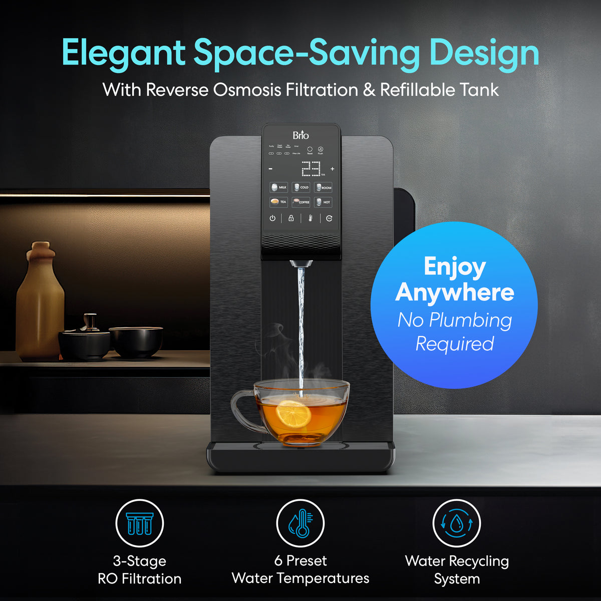 The Reverse Osmosis Countertop Water Dispenser - Q20 fills a cup with tea, highlighting its compact, space-saving design and advanced 3-stage reverse osmosis filtration. Featuring a refillable tank that requires no plumbing, six preset temperatures, and an efficient water recycling system, the Q20 seamlessly combines convenience with clean drinking water for your kitchen.