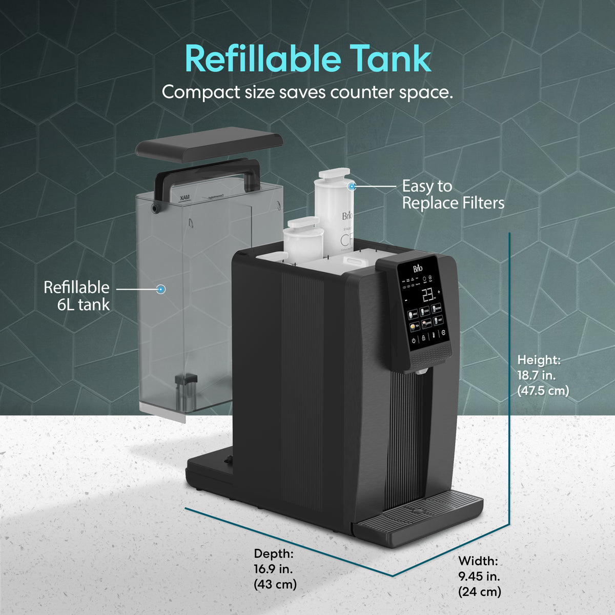 The Q20 Reverse Osmosis Countertop Water Dispenser in black features a touchscreen interface, a removable 6L refillable tank, and easy-to-replace filters with advanced 3-stage reverse osmosis filtration. Its dimensions are 18.7 inches (47.5 cm) in height, 9.45 inches (24 cm) in width, and 16.9 inches (43 cm) in depth.