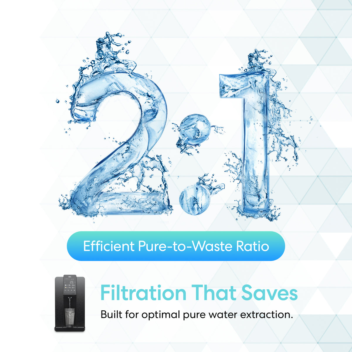 A large 2:1 graphic made of splashing water features the text “Efficient Pure-to-Waste Ratio and Filtration That Saves.” Highlighted below is the Reverse Osmosis Countertop Water Dispenser - Q20, built for optimal pure water extraction with advanced 3-stage reverse osmosis filtration. The Q20 dispenser appears at the bottom left, set against a light geometric background.
