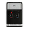 Front view of the 3-Stage Stainless Steel Bottleless Countertop Water Dispenser - 300 Series in black and silver, featuring two spouts with a red lever on the left and a blue lever on the right. Positioned above the spouts are indicator lights, showcasing its advanced 3-stage filtration system for delivering purified drinking water.