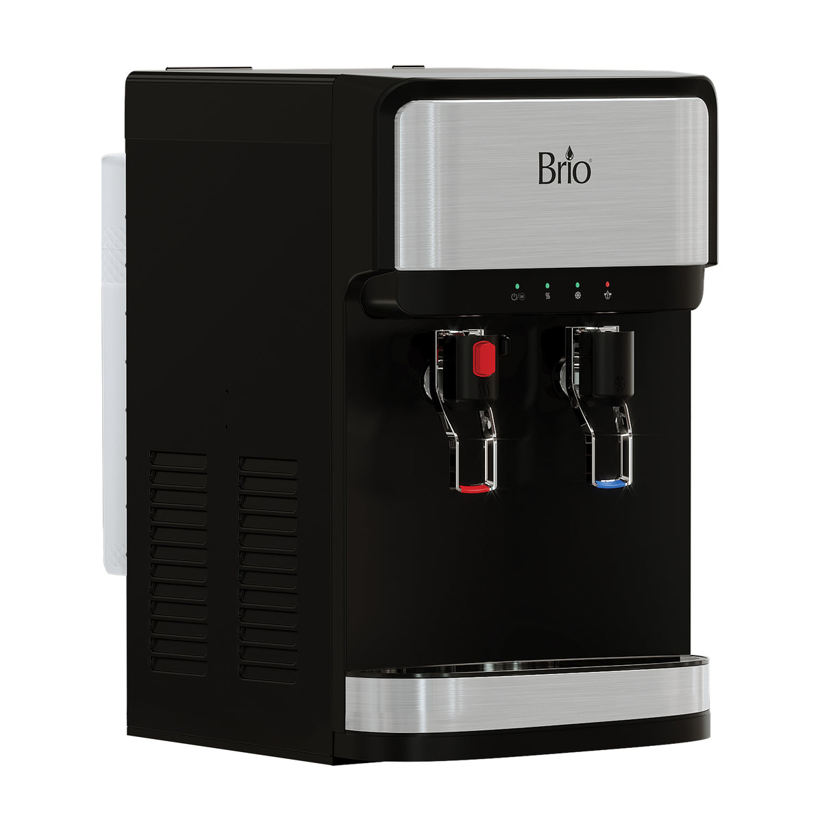 The 3-Stage Stainless Steel Bottleless Countertop Water Dispenser - 300 Series features a sleek black and stainless steel design, two spouts with red and blue levers for hot and cold water, innovative self-cleaning technology, an advanced 3-stage filtration system, and indicator lights above.