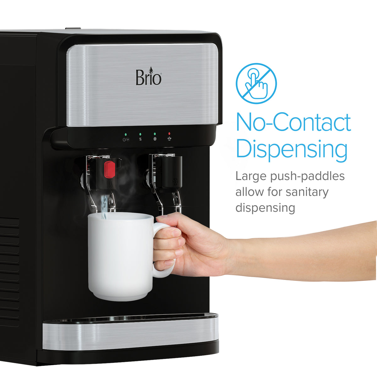A hand dispenses water into a white mug from the 3-Stage Stainless Steel Bottleless Countertop Water Dispenser - 300 Series, using large push-paddles. Blue text on the right reads “No-Contact Dispensing.” The spacious push-paddles provide sanitary, hands-free use, while advanced 3-stage filtration ensures every pour is pure and refreshing.