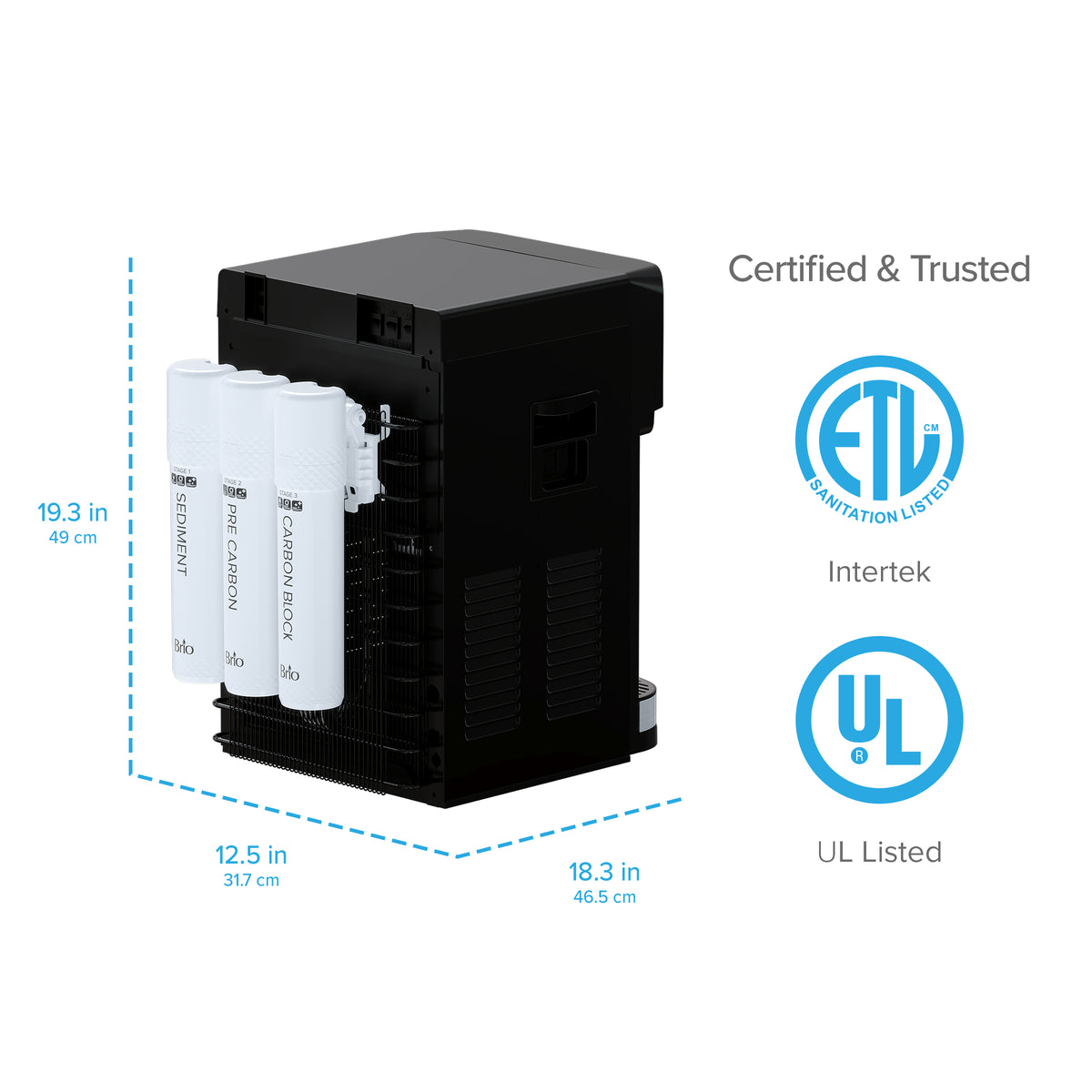 The 3-Stage Stainless Steel Bottleless Countertop Water Dispenser - 300 Series features a sleek black system housing three white filter cartridges. Measuring 19.3 inches high, 12.5 inches wide, and 18.3 inches deep—with blue measurement lines highlighting these dimensions—this unit provides advanced 3-stage filtration for superior water purity. ETL and UL certification logos are displayed on the right side of the dispenser.