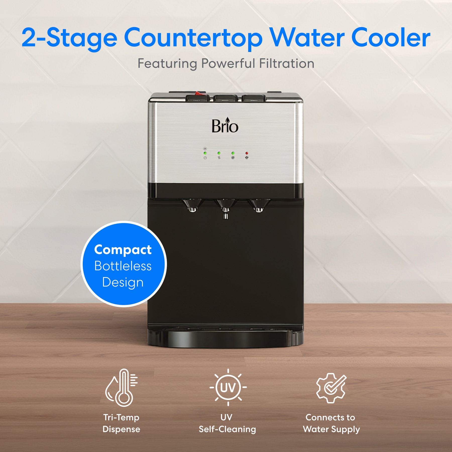 2 Stage Countertop water dispenser with 3 temperature settings, UV self cleaning.  Image on a wood counter top with white tile background.