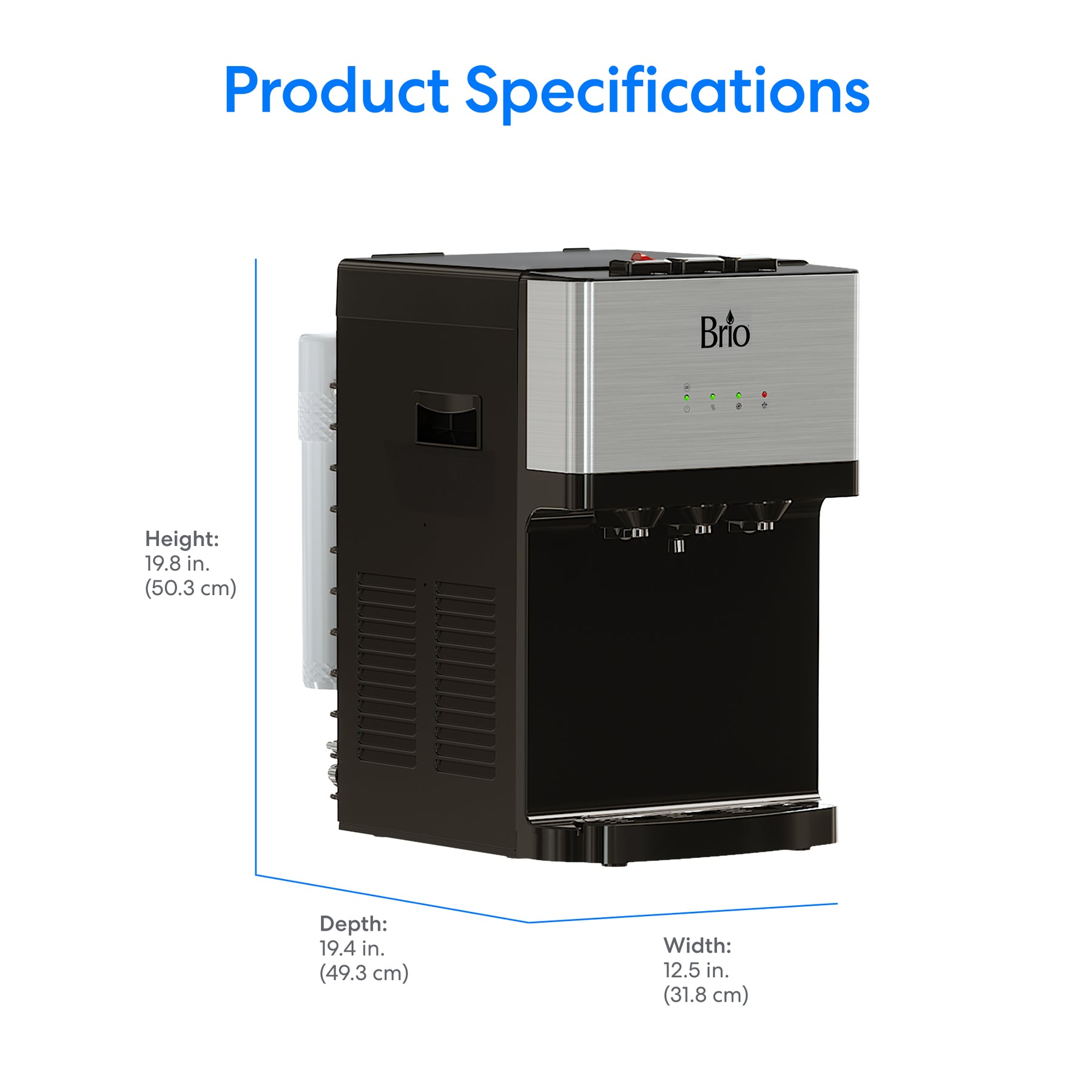 Height, Depth and Width specifications of the Brio 520 Series countertop water dispenser on a white background.