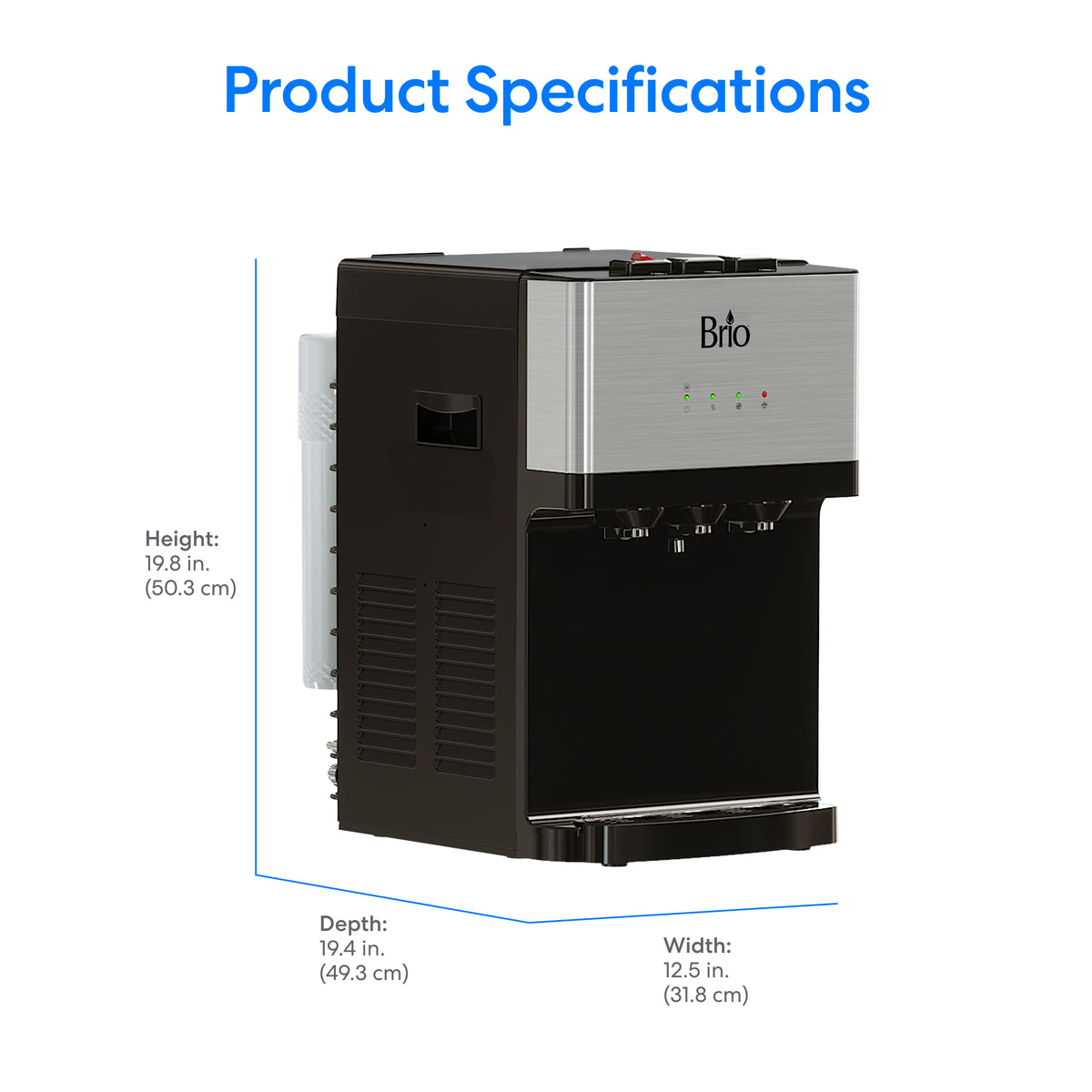 Bottleless Countertop Water Dispenser - Model 520 with labeled dimensions: Height 19.8 in (50.3 cm), Depth 19.4 in (49.3 cm), Width 12.5 in (31.8 cm). Features stainless steel reservoirs for long-lasting performance and efficient hot and cold water cooler functionality. Text reads Product Specifications.