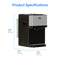 Bottleless Countertop Water Dispenser - Model 520 with labeled dimensions: Height 19.8 in (50.3 cm), Depth 19.4 in (49.3 cm), Width 12.5 in (31.8 cm). Features stainless steel reservoirs for long-lasting performance and efficient hot and cold water cooler functionality. Text reads Product Specifications.