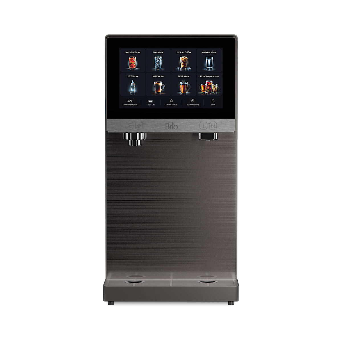A modern coffee machine featuring a digital touchscreen for selecting drinks, dual spouts, and a sleek metallic finish pairs seamlessly with the Reverse Osmosis Sparkling Countertop Water Dispenser - Q60, ensuring every brew begins with pure, filtered water.