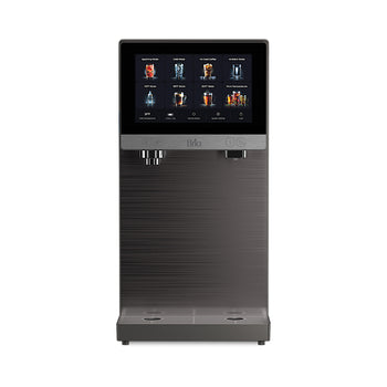 Sleek, modern coffee machine with a touchscreen display showing drink options. The machine features dual spouts and a metallic finish, and can be seamlessly paired alongside the Reverse Osmosis Sparkling Countertop Water Dispenser – Model Q60 for the ultimate beverage experience.