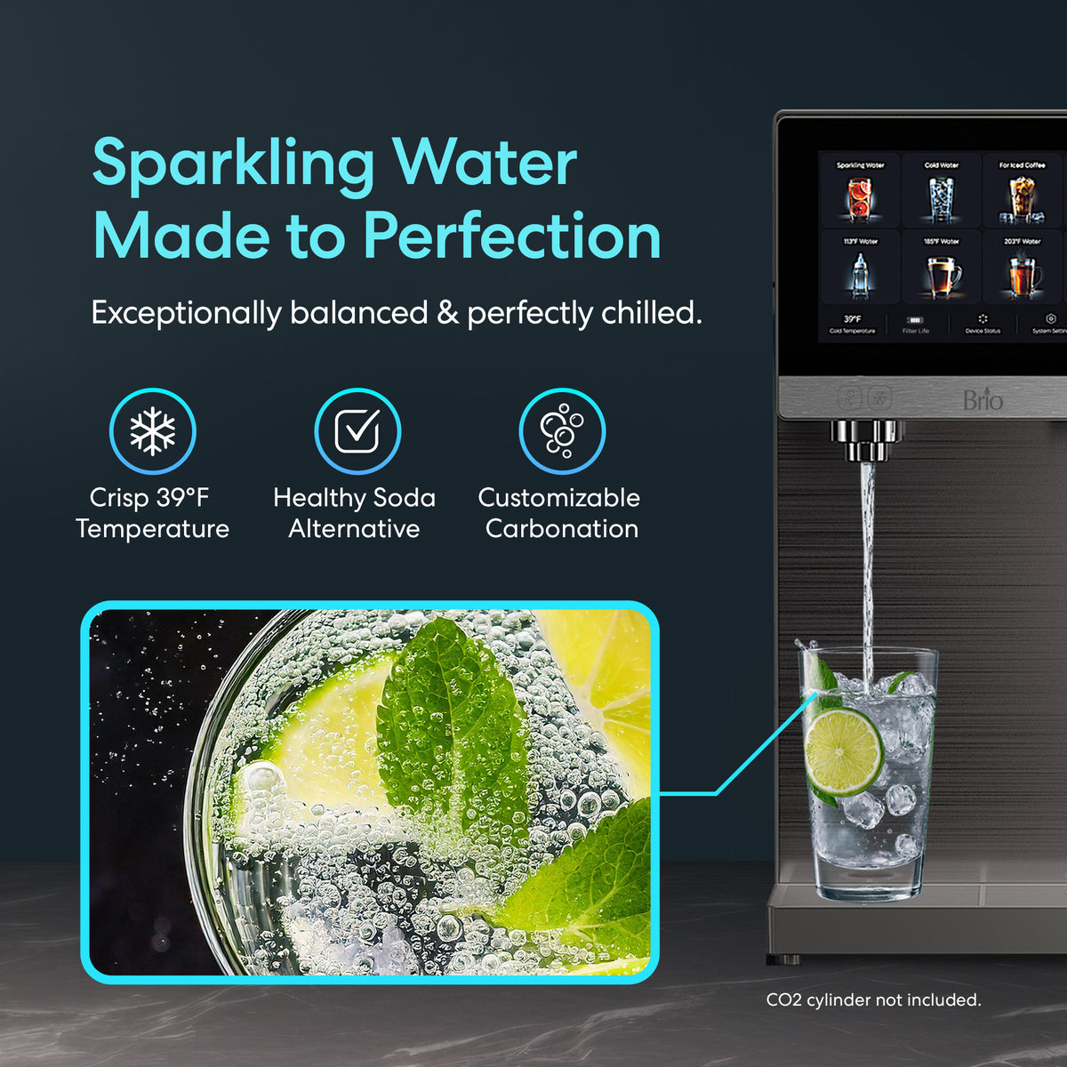 The Reverse Osmosis Sparkling Countertop Water Dispenser - Q60 delivers crisp, 39°F sparkling water with four-stage filtration, pouring refreshing water into a glass garnished with lime and mint. Enjoy a healthy soda alternative with customizable carbonation and advanced reverse osmosis technology—all in a convenient countertop design. CO2 cylinder not included.