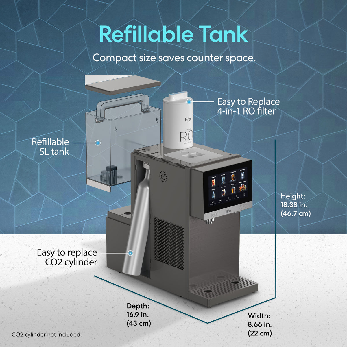 Reverse Osmosis Sparkling Countertop Water Dispenser - Q60 features a refillable 5L tank, an easy-to-replace 4-in-1 RO filter with 4-stage filtration, and an intuitive touchscreen for effortless operation. Parts are clearly labeled for convenience, including space for a CO2 cylinder (not included). The sleek unit measures 18.38″ H x 8.66″ W x 16.9″ D and is set against a blue geometric background that adds a modern touch to this sparkling water dispenser.