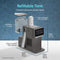 Reverse Osmosis Sparkling Countertop Water Dispenser - Q60 features a refillable 5L tank, an easy-to-replace 4-in-1 RO filter with 4-stage filtration, and an intuitive touchscreen for effortless operation. Parts are clearly labeled for convenience, including space for a CO2 cylinder (not included). The sleek unit measures 18.38″ H x 8.66″ W x 16.9″ D and is set against a blue geometric background that adds a modern touch to this sparkling water dispenser.
