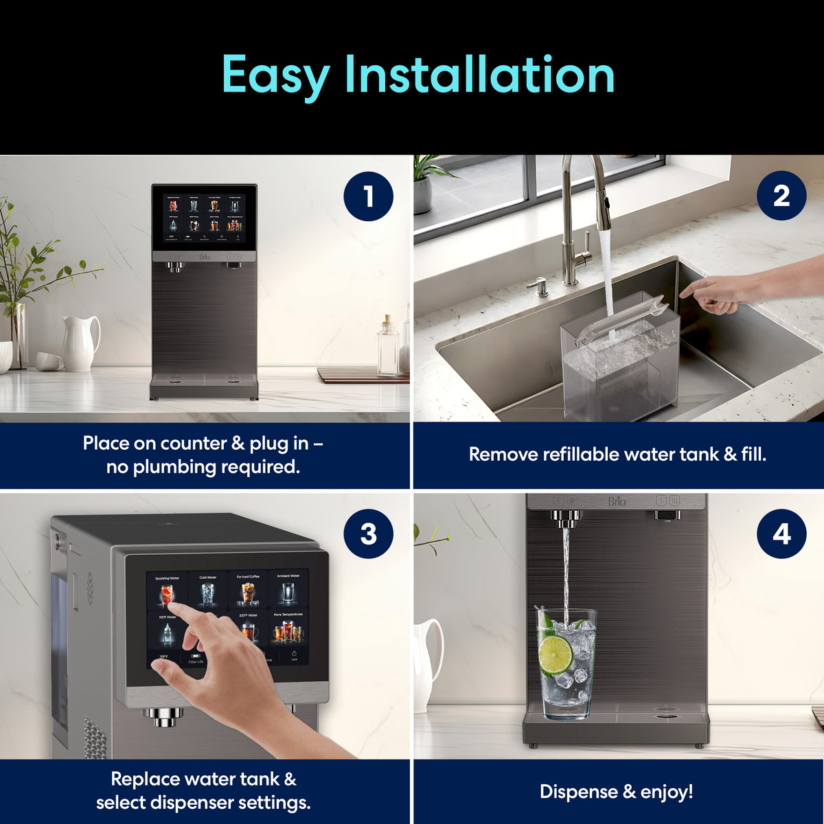 Four-step guide showing how to use the Reverse Osmosis Sparkling Countertop Water Dispenser - Q60: set the Q60 on your countertop, fill its tank at the sink, choose your dispense and sparkling water settings on the intuitive touchscreen, and fill your glass with pure, refreshing water. Text highlights simple installation and advanced 4-stage filtration for exceptional hydration.