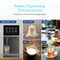 Reverse Osmosis Sparkling Countertop Water Dispenser - Q60 features a display screen with icons and four images: iced coffee, a glass of water, a cup of milk, and tea in a clear cup. With 4-stage filtration for pure refreshment, it offers preset dispensing temperatures so you can easily create your favorite beverages using this advanced reverse osmosis countertop water dispenser.