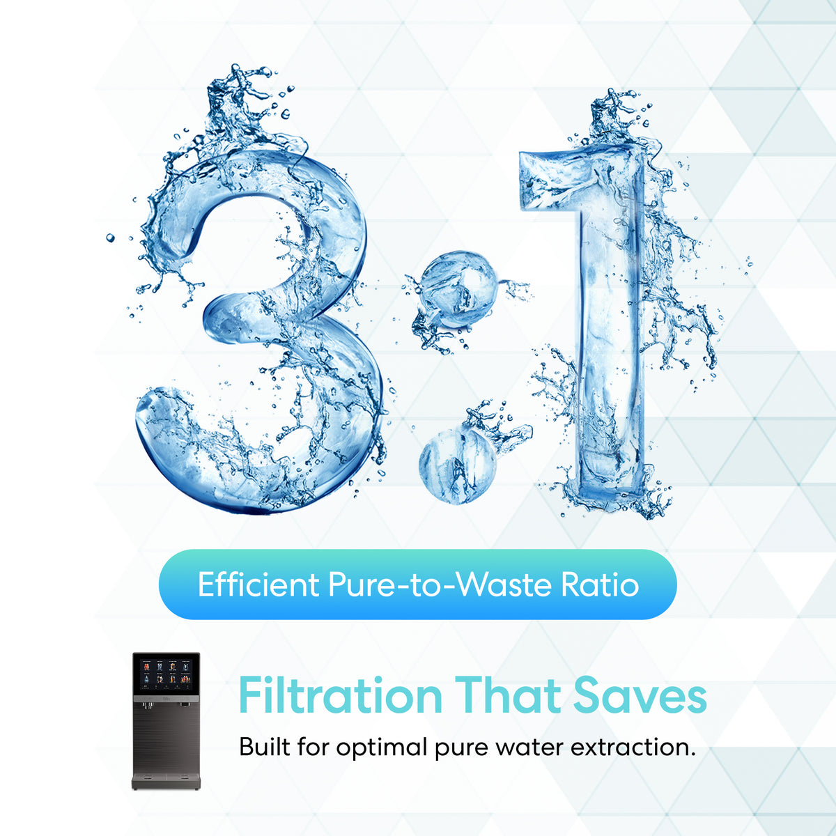 Numbers made of splashing water read 3:1. Below, text reads Efficient Pure-to-Waste Ratio and Filtration That Saves—Built for optimal pure water extraction with advanced 4-stage filtration. In the corner, an image of the Reverse Osmosis Sparkling Countertop Water Dispenser - Q60 is displayed.