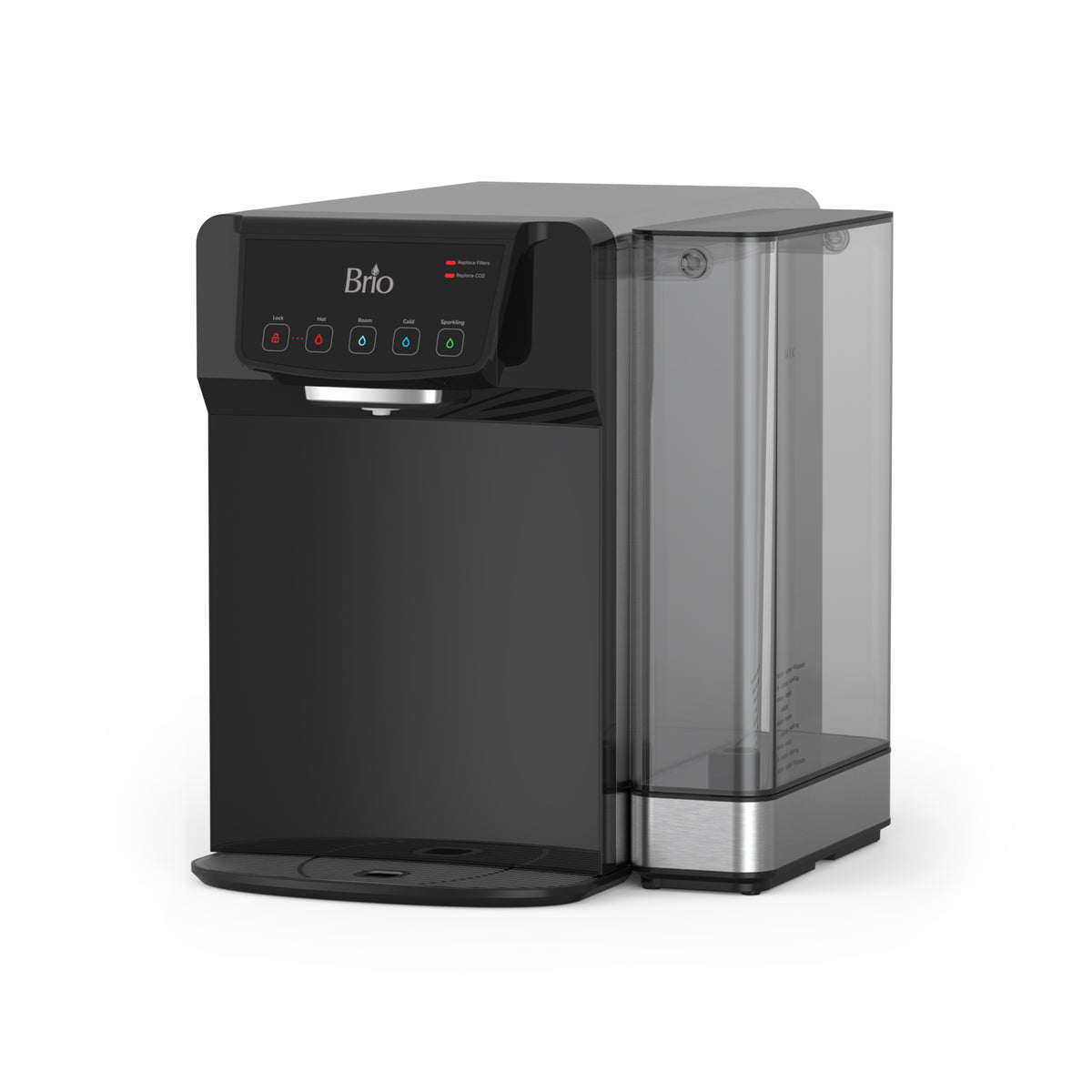 The 2-Stage Sparkling Countertop Water Dispenser - 630 Series, black with a digital control panel and a transparent refillable 5L tank, is displayed on a white background.