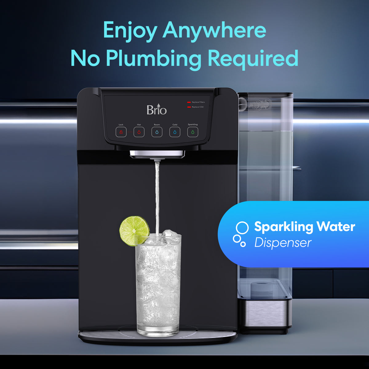 A 2-Stage Sparkling Countertop Water Dispenser - 630 Series pours water into a glass with ice and lime in a modern kitchen. Text reads: Enjoy Anywhere—No Plumbing, Multi-Stage Filtration, Refillable 5L Tank.