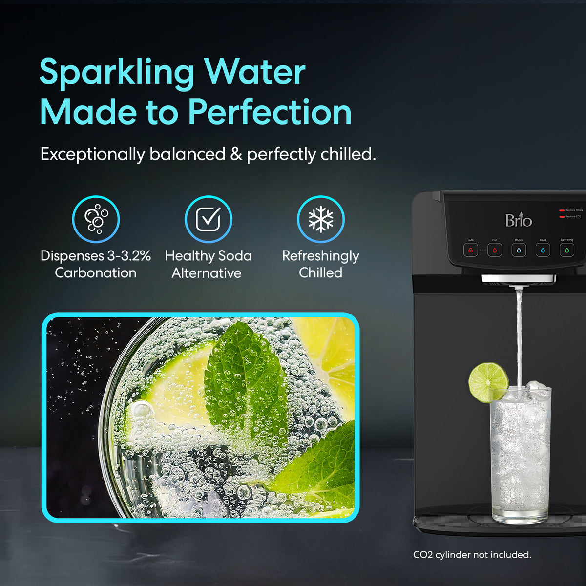 The 2-Stage Sparkling Countertop Water Dispenser - 630 Series pours a glass with ice and lime, offering 3–3.2% carbonation, multi-stage filtration, refreshingly chilled water, and a healthy soda alternative. Inset: sparkling water with mint and lime.