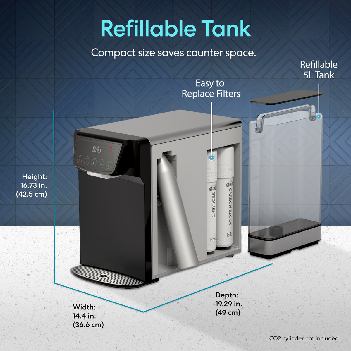 The 2-Stage Sparkling Countertop Water Dispenser - 630 Series features a black and silver design, multi-stage filtration, labeled dimensions, a refillable 5L tank, and easy-to-replace filters, shown against a blue geometric background.