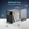 The 2-Stage Sparkling Countertop Water Dispenser - 630 Series features a black and silver design, multi-stage filtration, labeled dimensions, a refillable 5L tank, and easy-to-replace filters, shown against a blue geometric background.