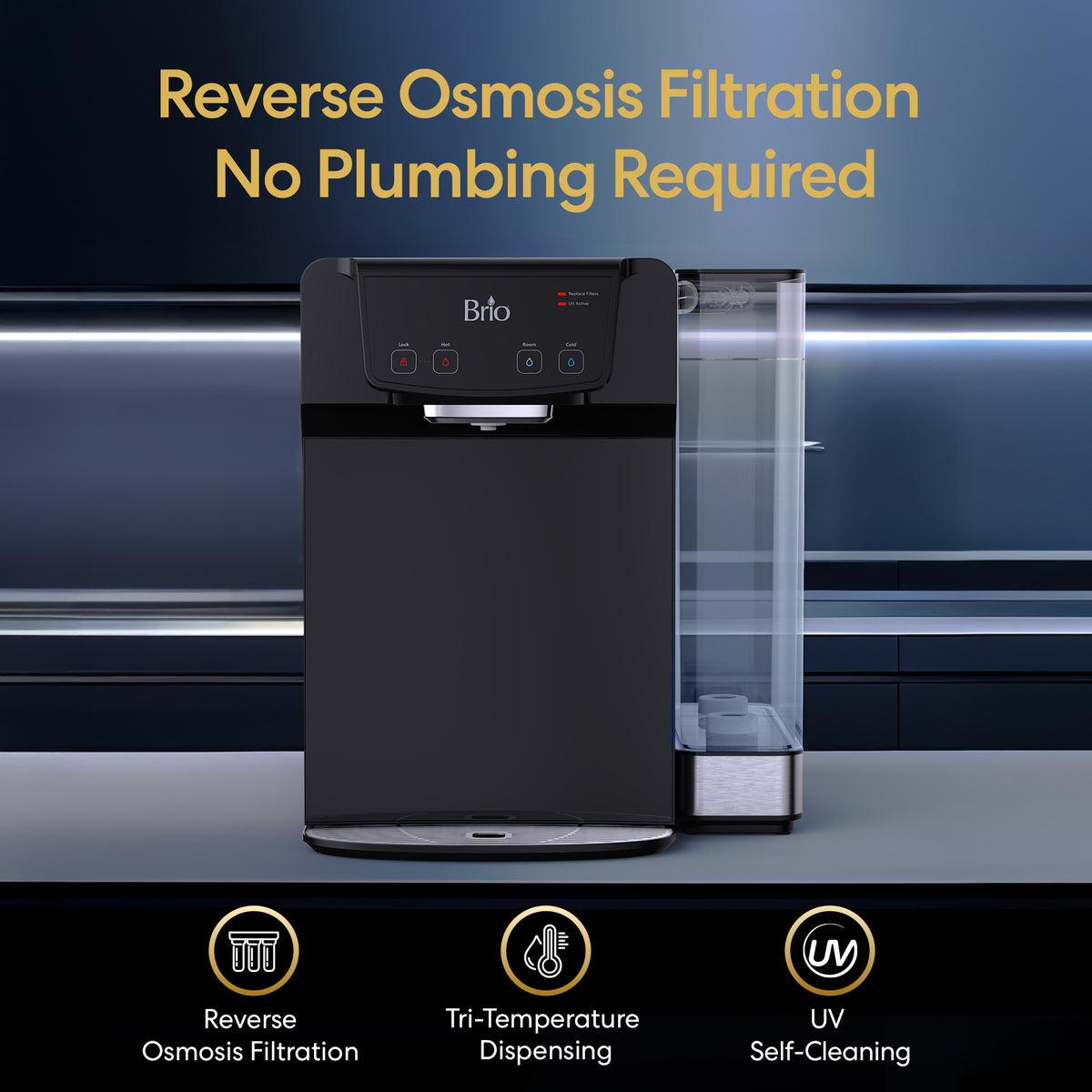 A black 3-Stage Reverse Osmosis Countertop Water Dispenser - 630 Series with a refillable 5L tank stands on a kitchen counter. Text reads Reverse Osmosis Filtration No Plumbing Required. Icons highlight filtration, tri-temperature dispensing, and UV self-cleaning features.