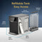 The 3-Stage Reverse Osmosis Countertop Water Dispenser - 630 Series is a black and silver unit featuring labeled dimensions, a refillable 5L tank, removable filters, UV self-cleaning functionality, and “Easy Access” and “Refillable Tank” text displayed clearly on a blue patterned background.