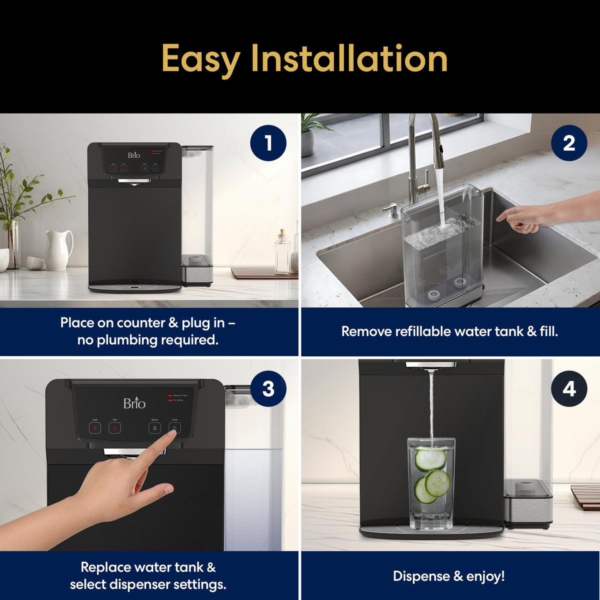 Four-step installation guide for the 3-Stage Reverse Osmosis Countertop Water Dispenser - 630 Series: set the unit on your countertop and plug it in, fill the refillable 5L tank at your sink, reattach the tank and choose your preferred settings—including UV self-cleaning—then dispense refreshing water into a glass with lime slices.
