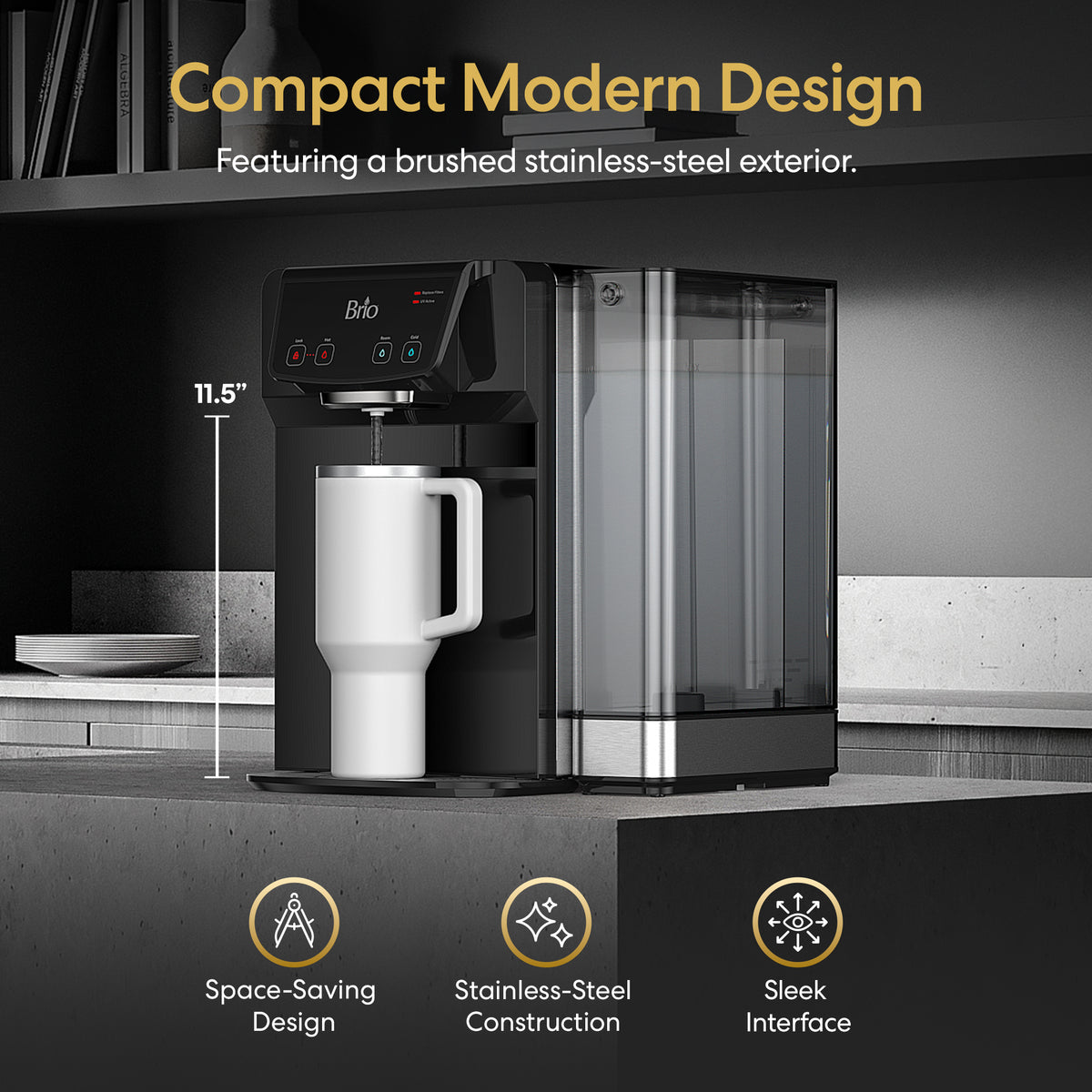 A black and stainless-steel 3-Stage Reverse Osmosis Countertop Water Dispenser - 630 Series sits on a kitchen counter. Text highlights its compact, modern design, stainless-steel exterior, space-saving build, and sleek interface. Featuring a refillable 5L tank and UV self-cleaning technology, this water dispenser is as practical as it is stylish.