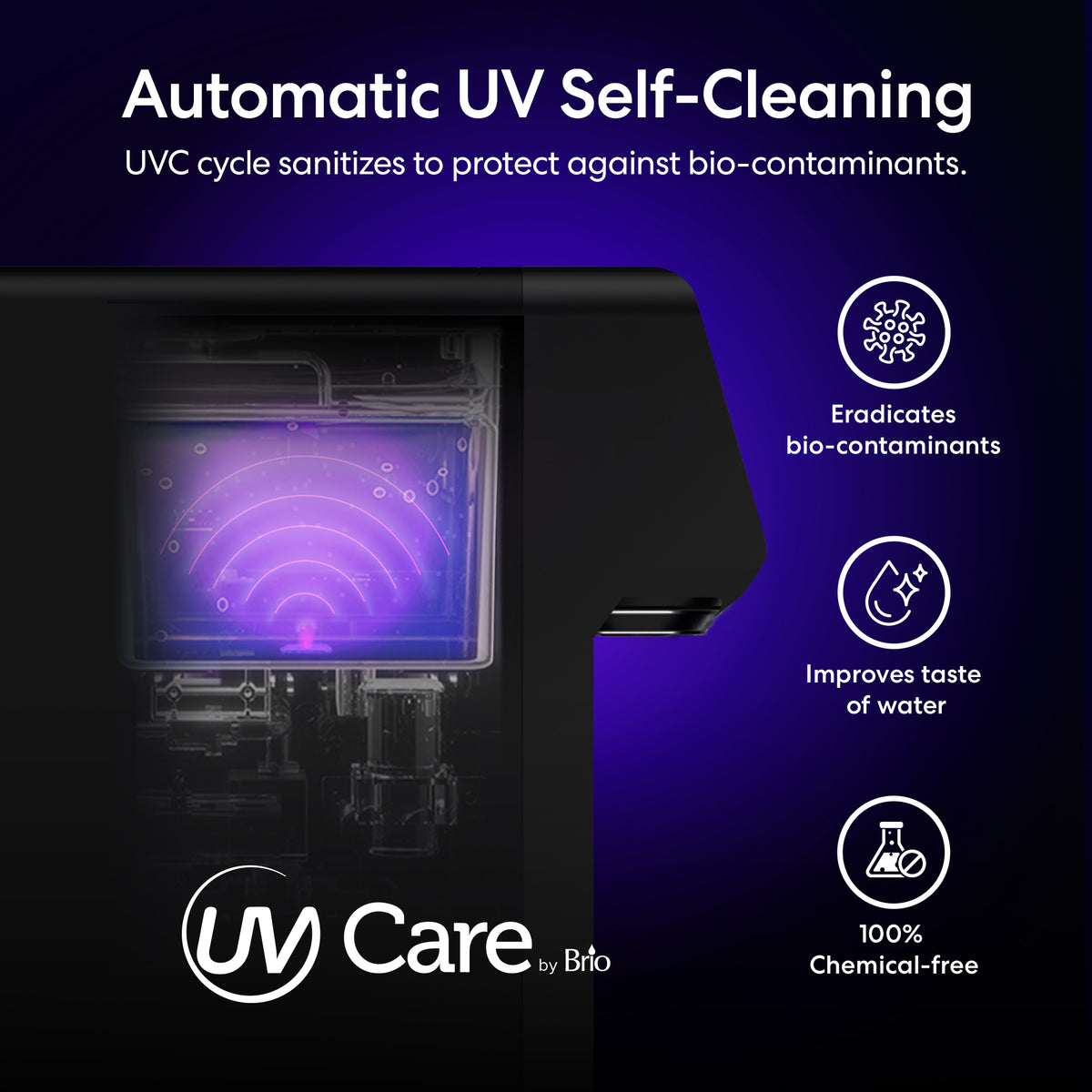 The 3-Stage Reverse Osmosis Countertop Water Dispenser - 630 Series is displayed, featuring a glowing UVC light for automatic UV self-cleaning that eradicates bio-contaminants, enhances taste, and operates 100% chemical-free. It includes a convenient refillable 5L tank for ease of use. The UV Care by Brio logo is visible at the bottom.