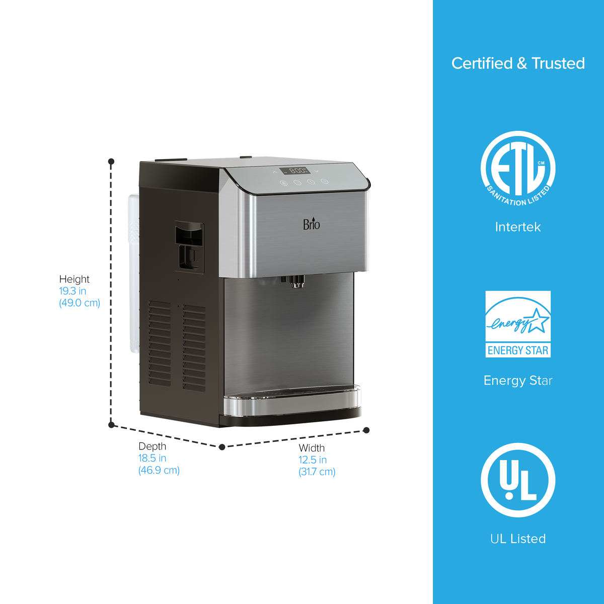 Stainless Steel Bottleless Countertop Water Dispenser - Moderna 720 in silver and black features digital controls and a convenient, space-saving design; dimensions are 19.3 inches tall, 18.5 inches deep, and 12.5 inches wide. Certifications shown: ETL, Energy Star, and UL Listed, displayed on a blue background.