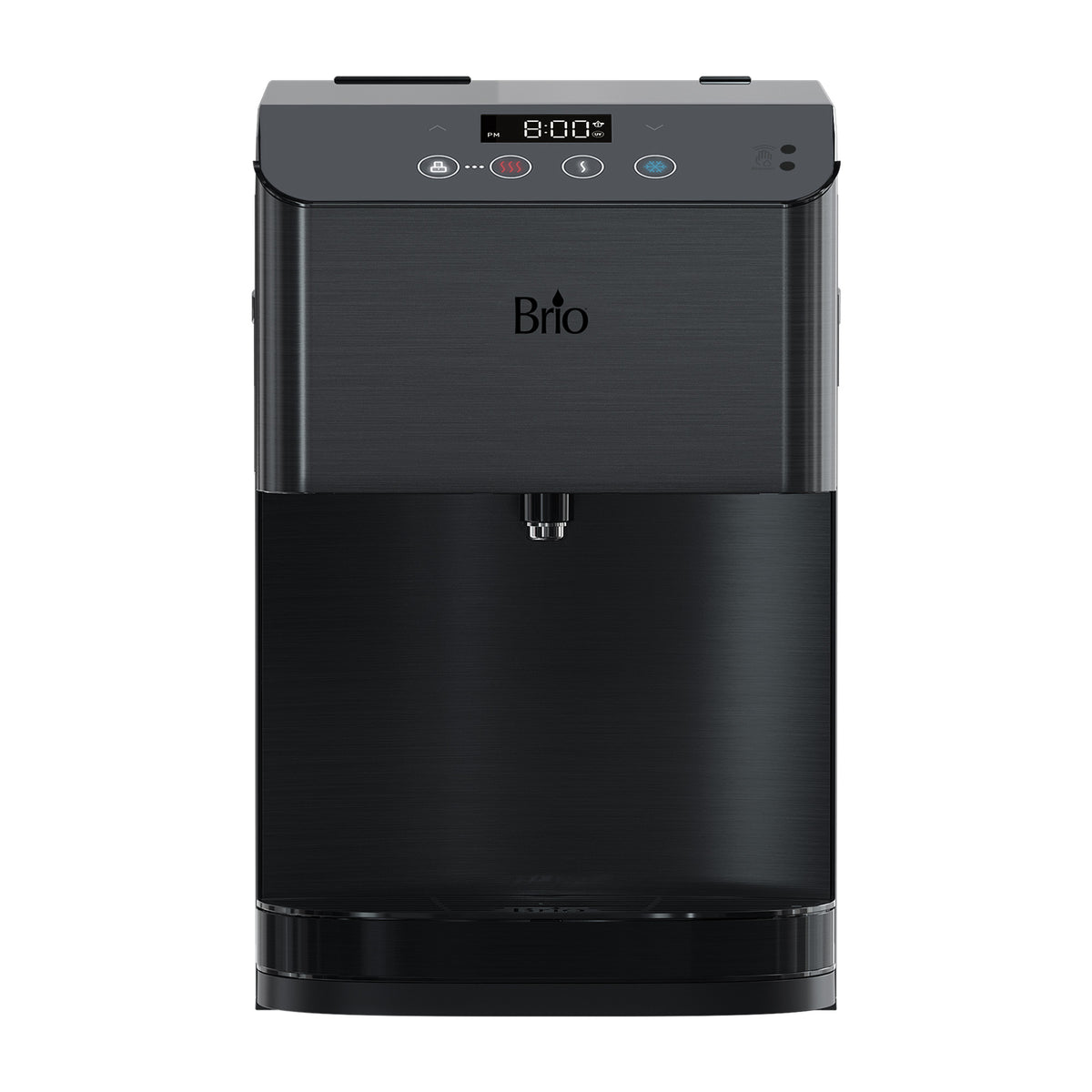 Front view of the Touchless 3-Stage Black Stainless Countertop Water Cooler - Moderna Series, featuring a digital display, hot and cold water buttons, and a single spout above a drip tray. This modern countertop cooler offers touchless operation and a 3-stage advanced filtration system for clean, refreshing hydration.