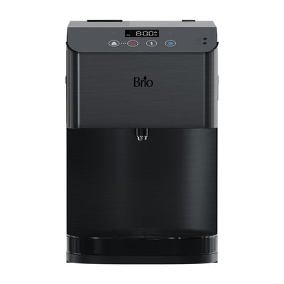 The Brio Moderna Touchless 3-Stage Black Stainless Countertop Water Cooler, shown from the front on a white background, features a digital display, control buttons, central spout, and advanced filtration for clean, great-tasting water.
