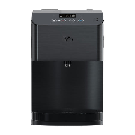 The Brio Moderna Touchless 3-Stage Black Stainless Countertop Water Cooler, shown from the front on a white background, features a digital display, control buttons, central spout, and advanced filtration for clean, great-tasting water.