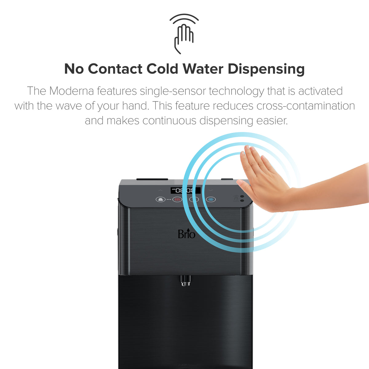 A hand hovers over the Touchless 3-Stage Black Stainless Countertop Water Cooler - Moderna Series, activating its sensor technology. Blue lines highlight the advanced filtration system’s touch-free cold water dispensing feature.