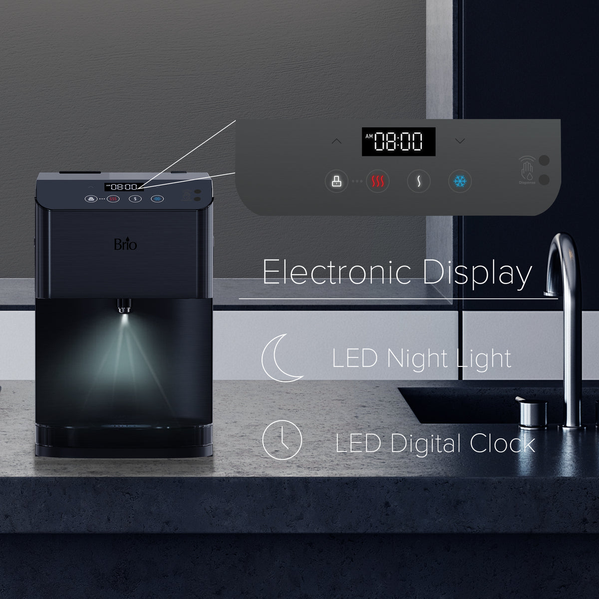 A Touchless 3-Stage Black Stainless Countertop Water Cooler from the Moderna Series is positioned on a kitchen counter. An inset reveals a close-up of the electronic controls, showcasing features like an advanced 3-stage filtration system, LED night light, LED digital clock, and display icons for both hot and cold water functions.