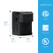 The Touchless 3-Stage Black Stainless Countertop Water Cooler - Moderna Series is expertly crafted from sleek black stainless steel and has labeled dimensions: height 19.3 in (49.0 cm), depth 18.5 in (46.9 cm), and width 12.5 in (31.7 cm). ETL, Energy Star, and UL certification logos are displayed on the right side, emphasizing its premium quality and rigorous safety standards.