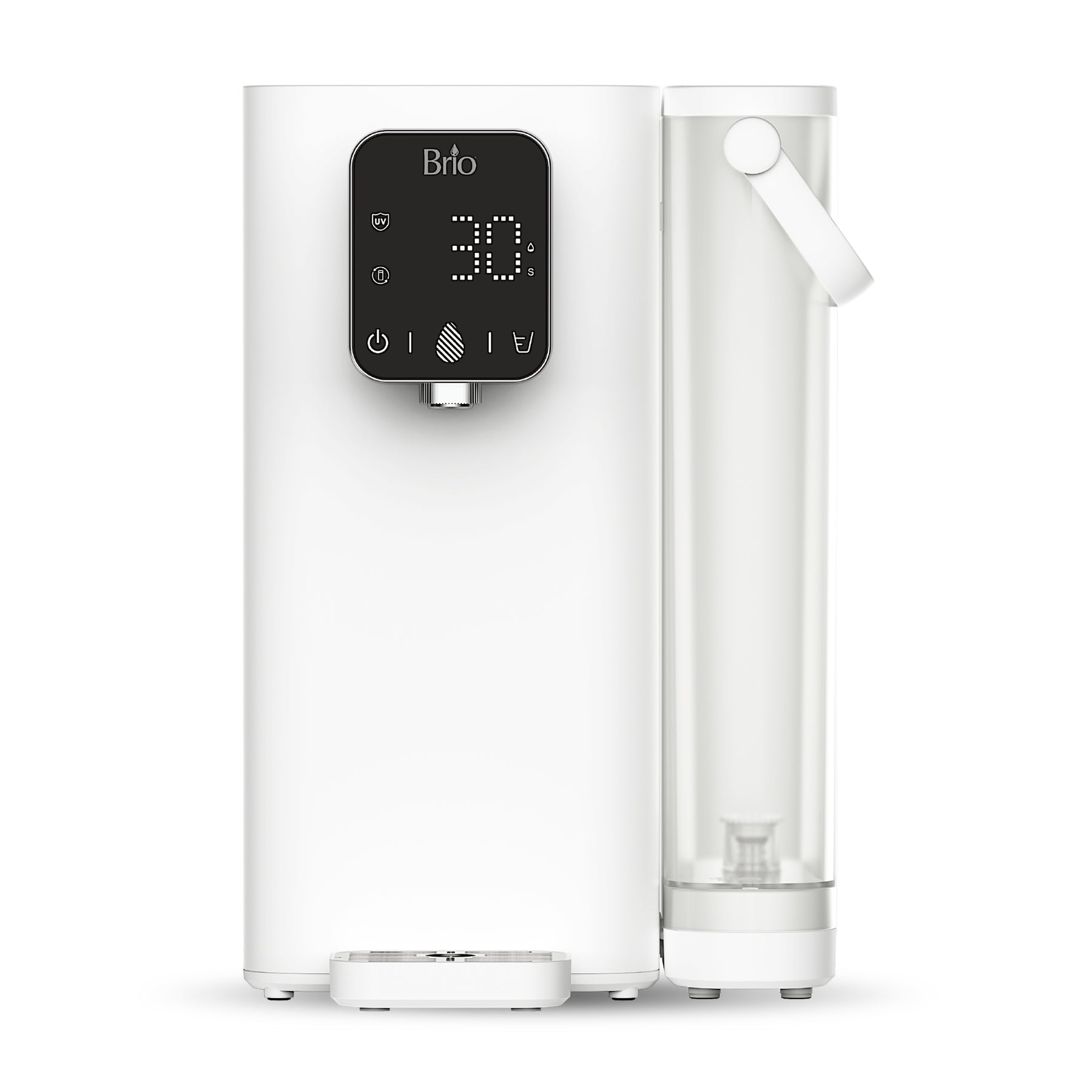 The [SJ] Brio SIMPL 2-Stage Countertop Water Dispenser features a sleek white design, digital display, touch controls, and a transparent refillable reservoir with handle, all shown on a white background.