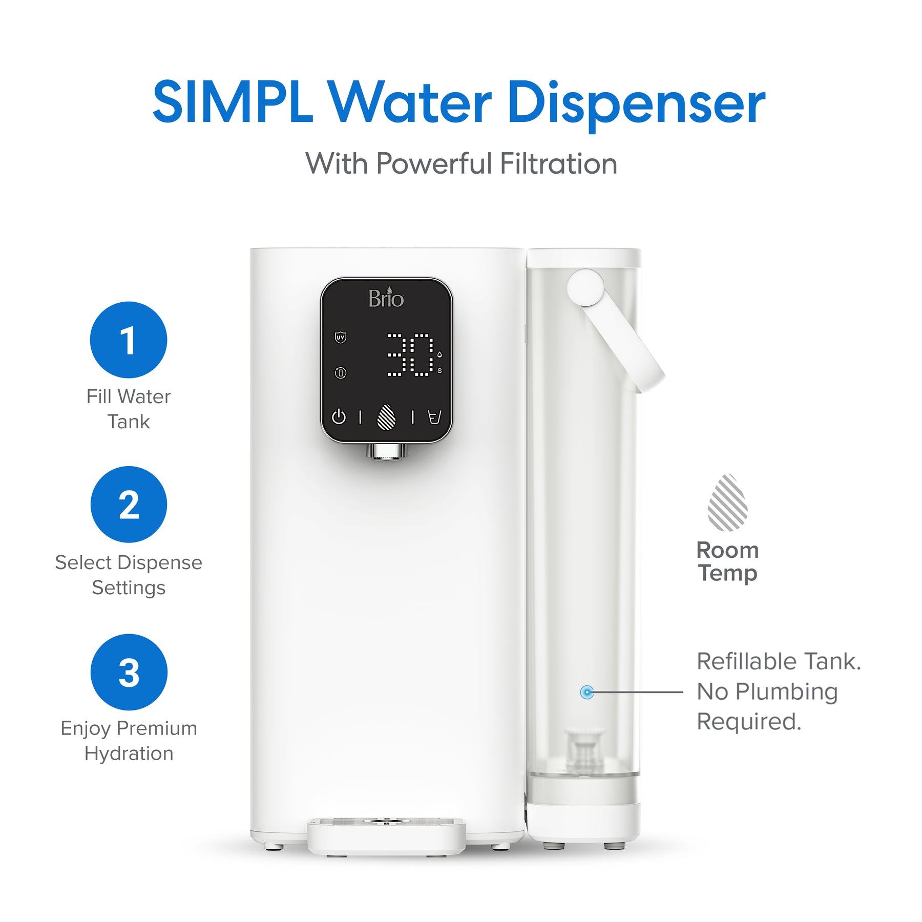 The [SJ] Brio SIMPL 2-Stage Countertop Water Dispenser features a white finish, digital display, refillable tank, and easy instructions: fill the tank, set dispense options, and enjoy filtered room temperature water—no plumbing needed.