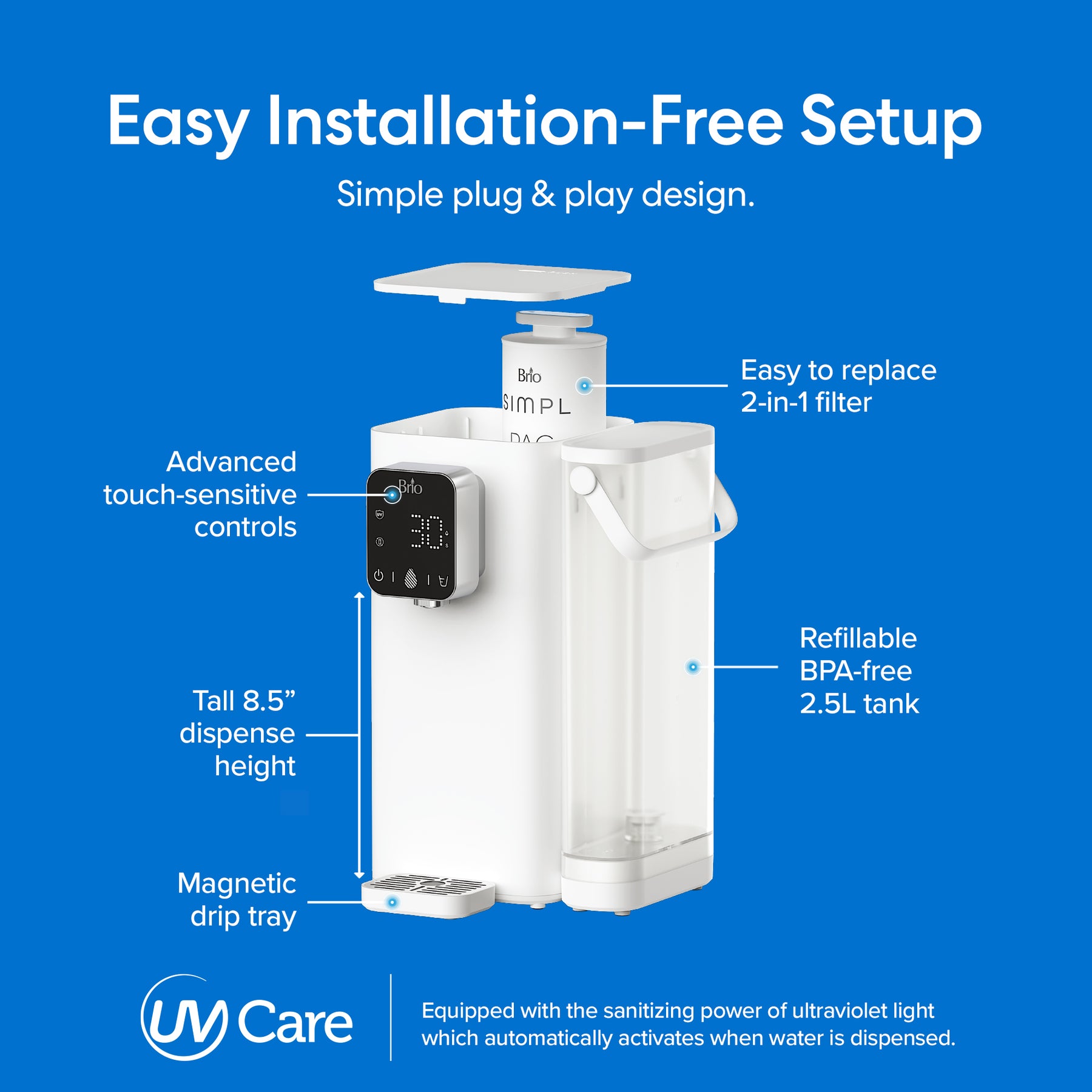 The Brio SIMPL 2-Stage Countertop Water Dispenser features a white design, digital display, touch controls, 2.5L refillable tank, magnetic drip tray, and UV light sanitizer—displayed against a blue background with labeled callouts for each feature.