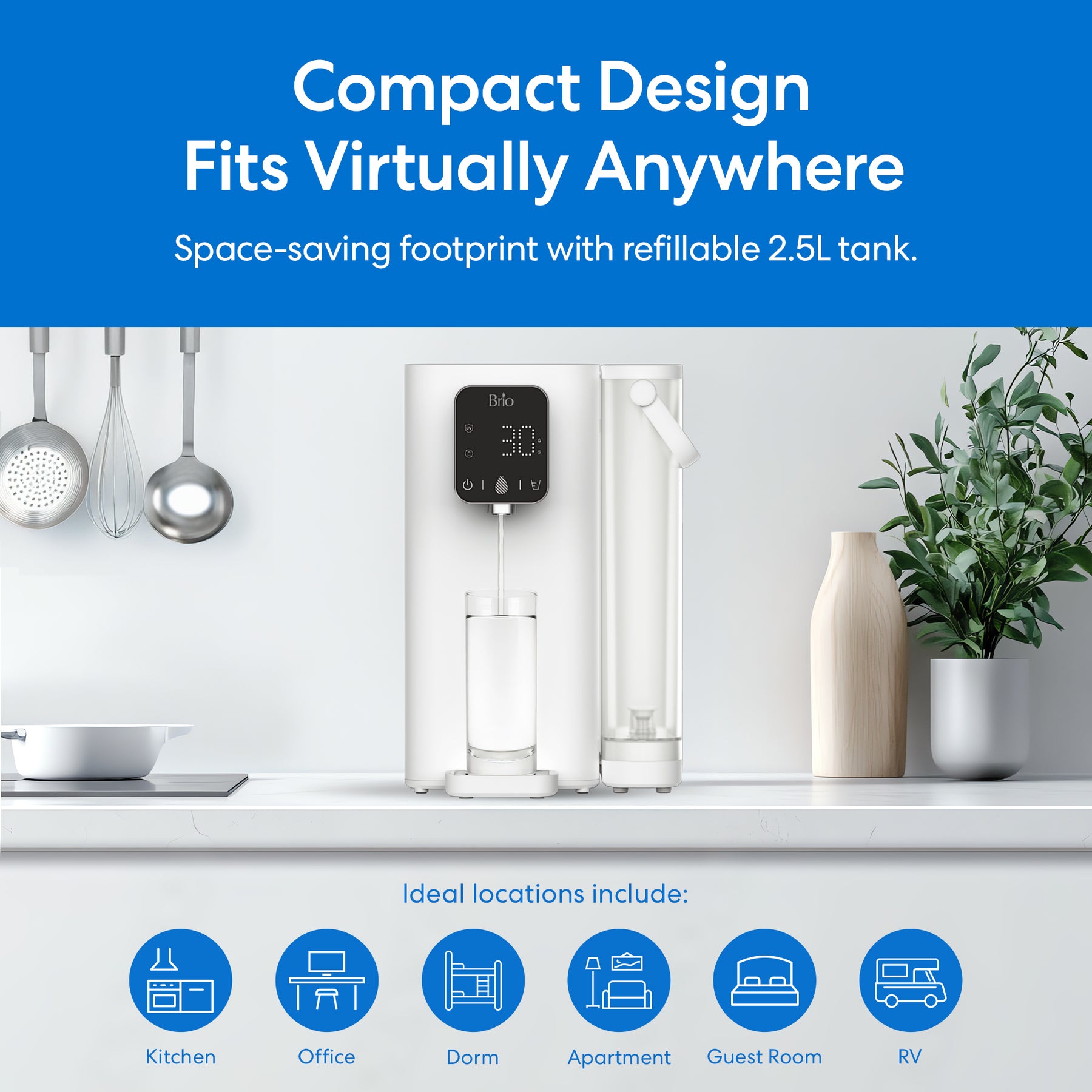 The Brio SIMPL 2-Stage Countertop Water Dispenser with a digital display sits on a kitchen counter by utensils, a plant, and a cup being filled. Features include a 2.5L refillable tank and suitability for kitchens or offices.